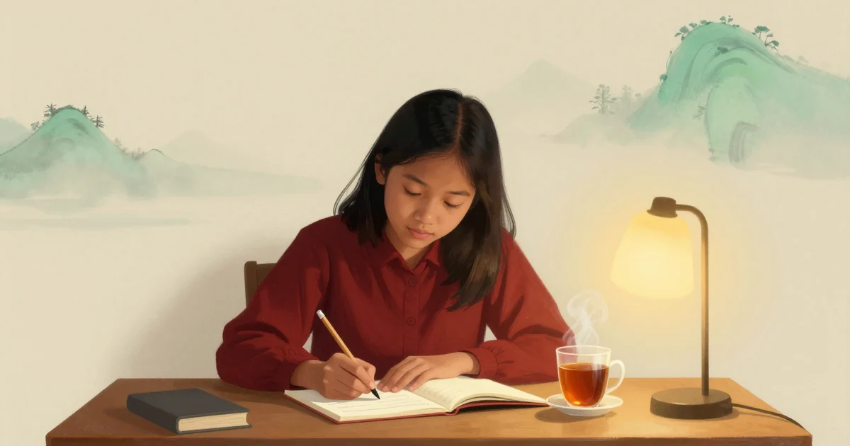 A young Indonesian student at a wooden desk practises Mandarin with a notebook, pencil and steaming tea, warm lamp light, plain cream wall behind her, calm cinematic mood.