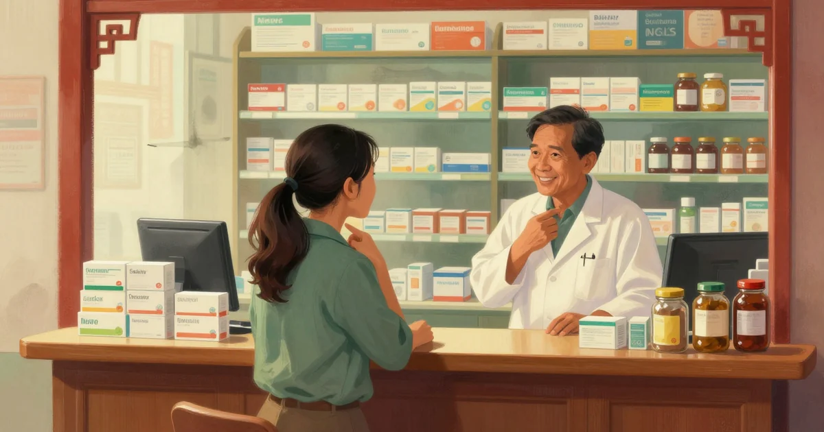 Warm cinematic scene in a small neighborhood pharmacy in an Indonesian Chinatown: a young Indonesian woman points to her throat while a friendly middle-aged pharmacist listens across a wooden counter lined with plain unlabeled medicine boxes and glass jars of herbs, soft morning light, shallow depth of field, no text, no letters, no writing anywhere