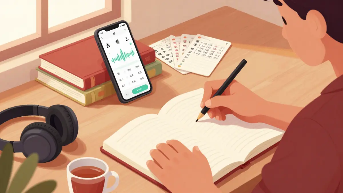 Meja belajar dengan ponsel menampilkan aplikasi belajar mandarin gratis, kartu kosakata hanzi, headphone, dan buku catatan pinyin