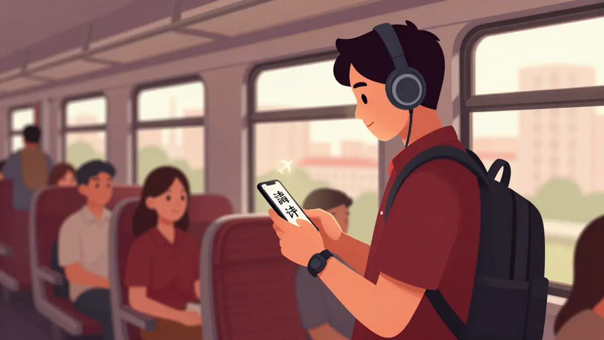 Ilustrasi belajar Mandarin di kereta dengan aplikasi belajar Mandarin offline, kartu hanzi dan audio unduhan di layar ponsel