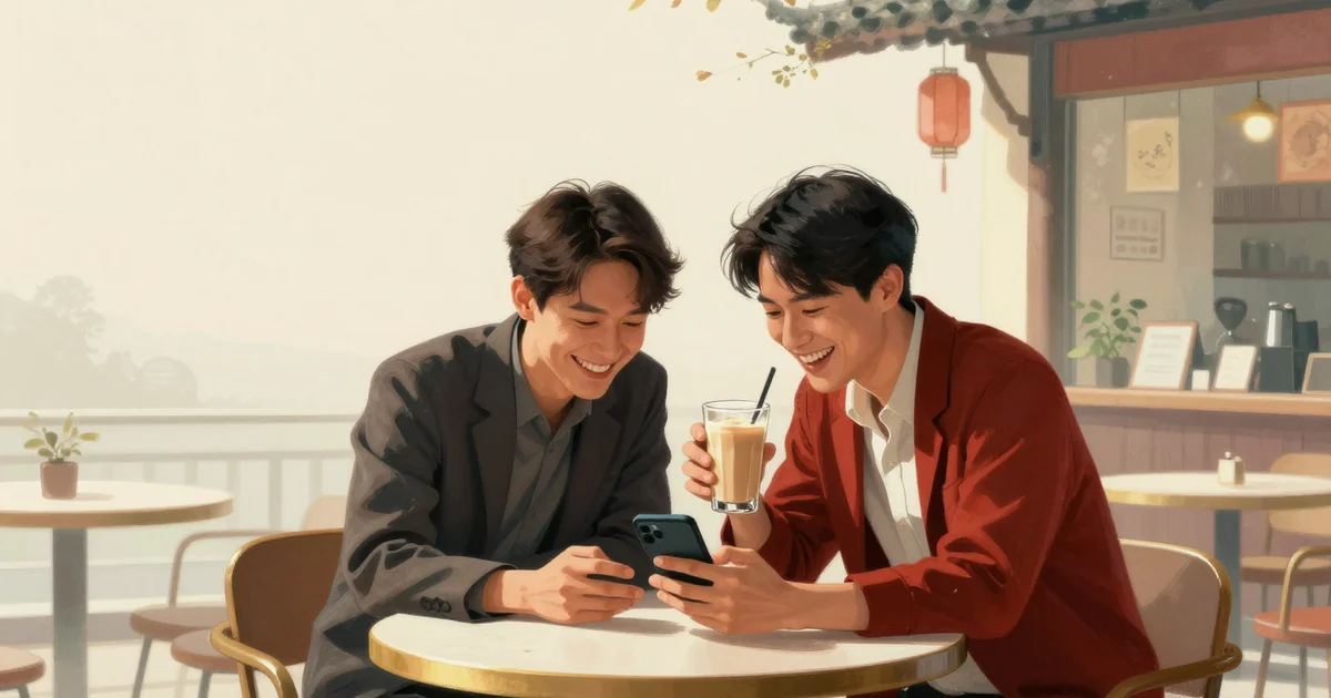 Two young office workers in a Chinese city cafe laughing at a phone held face down, one raising a glass of milk tea in a toast, plain warm background, evening light.