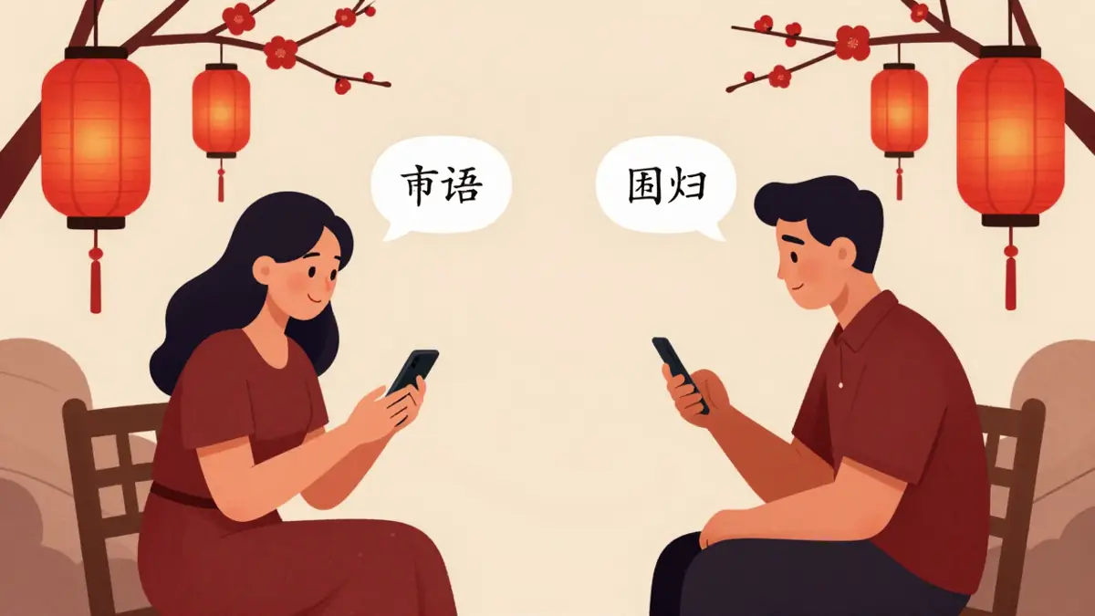 Ilustrasi pasangan bertukar pesan berisi bahasa Mandarin sayang seperti 亲爱的 dan 宝贝 di layar ponsel