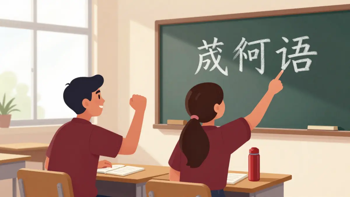 Ilustrasi bahasa mandarin semangat: dua pelajar saling menyemangati sambil menunjuk karakter 加油 di papan tulis kelas
