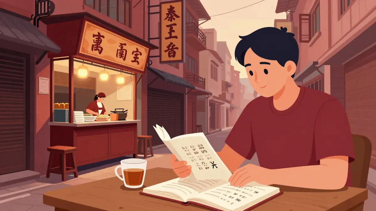 Ilustrasi bahasa mandarin taiwan: papan nama toko Taipei berhuruf tradisional berdampingan dengan buku HSK berhuruf sederhana