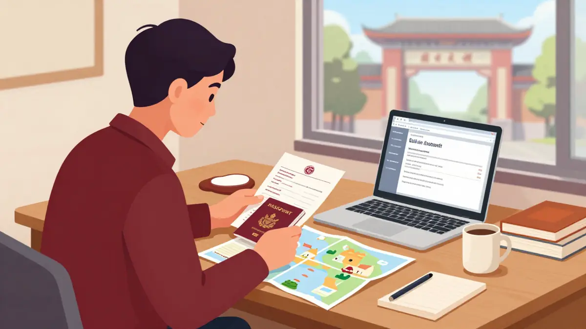 Ilustrasi pelajar Indonesia menyiapkan berkas beasiswa China di meja belajar dengan peta kampus Tiongkok