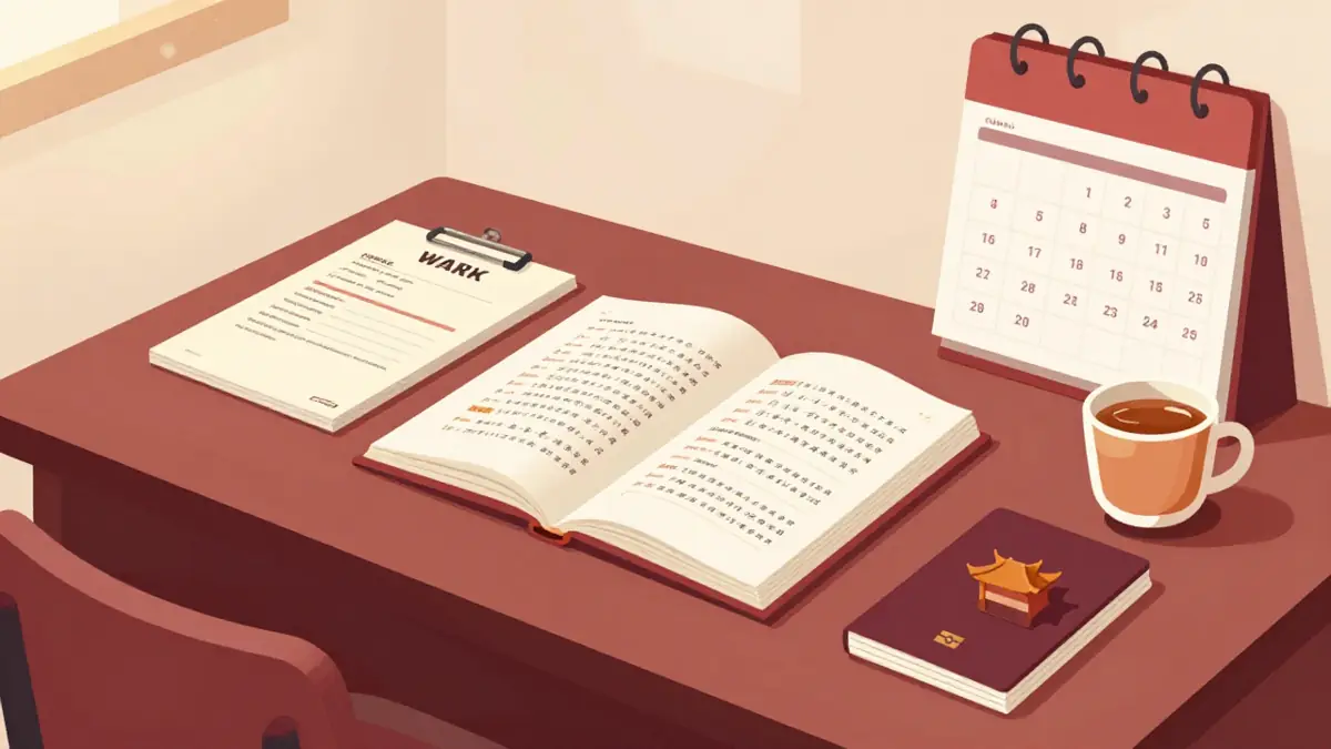 Meja pelamar yang menyiapkan syarat HSK beasiswa china: sertifikat ujian, kalender pendaftaran, paspor, dan buku Mandarin