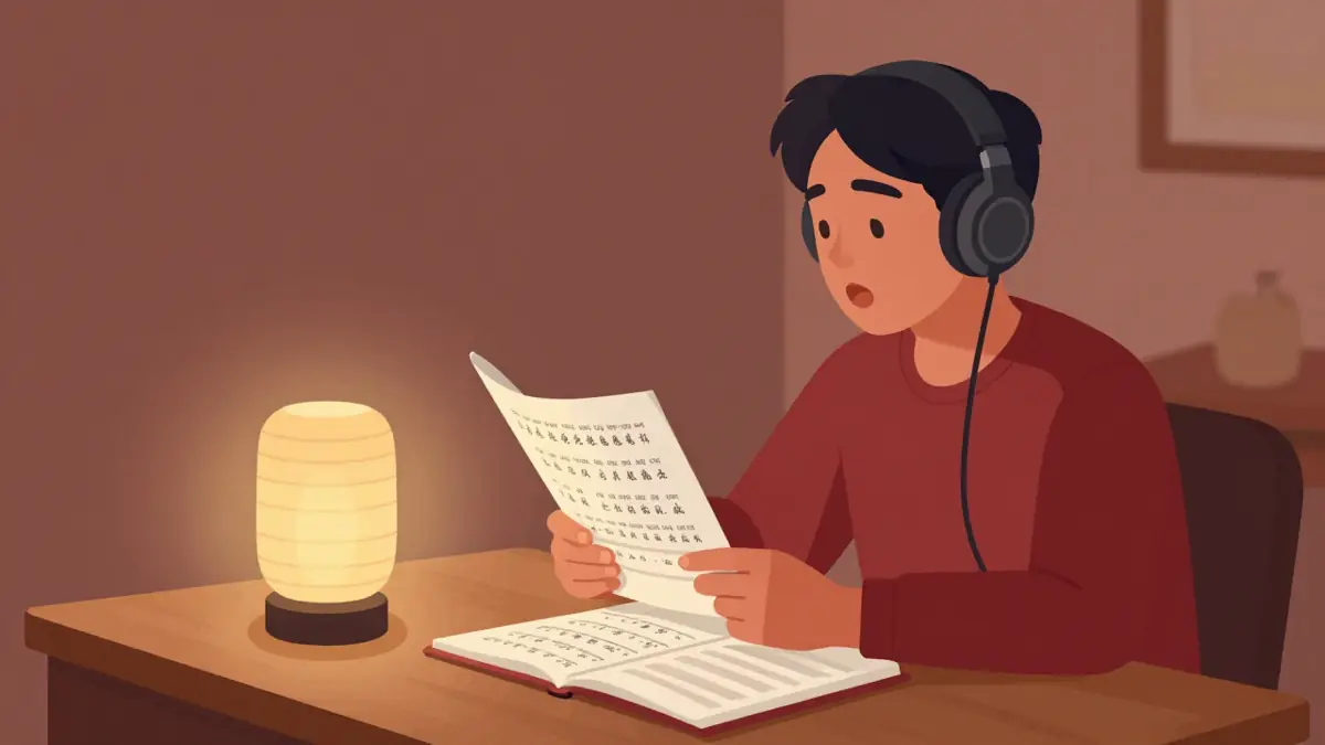 Ilustrasi pelajar Indonesia belajar mandarin lewat lagu memakai headphone sambil membaca lembar lirik hanzi berpinyin