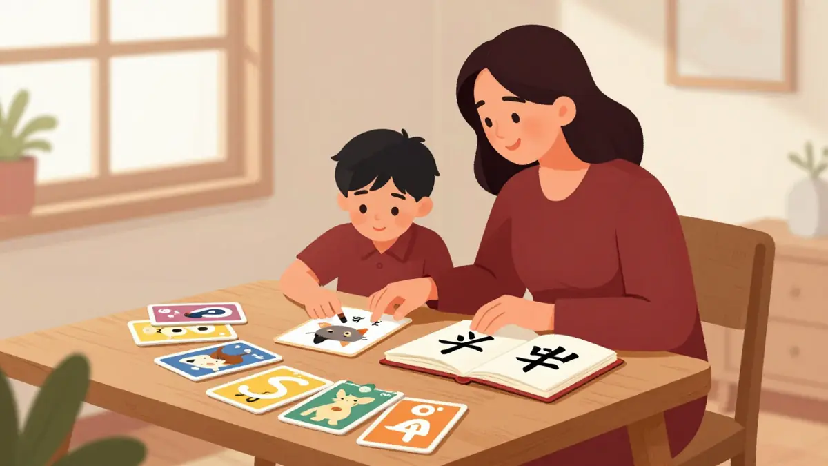 Ibu mendampingi anak SD belajar mandarin untuk anak di meja rumah dengan kartu bergambar hewan dan hanzi sederhana