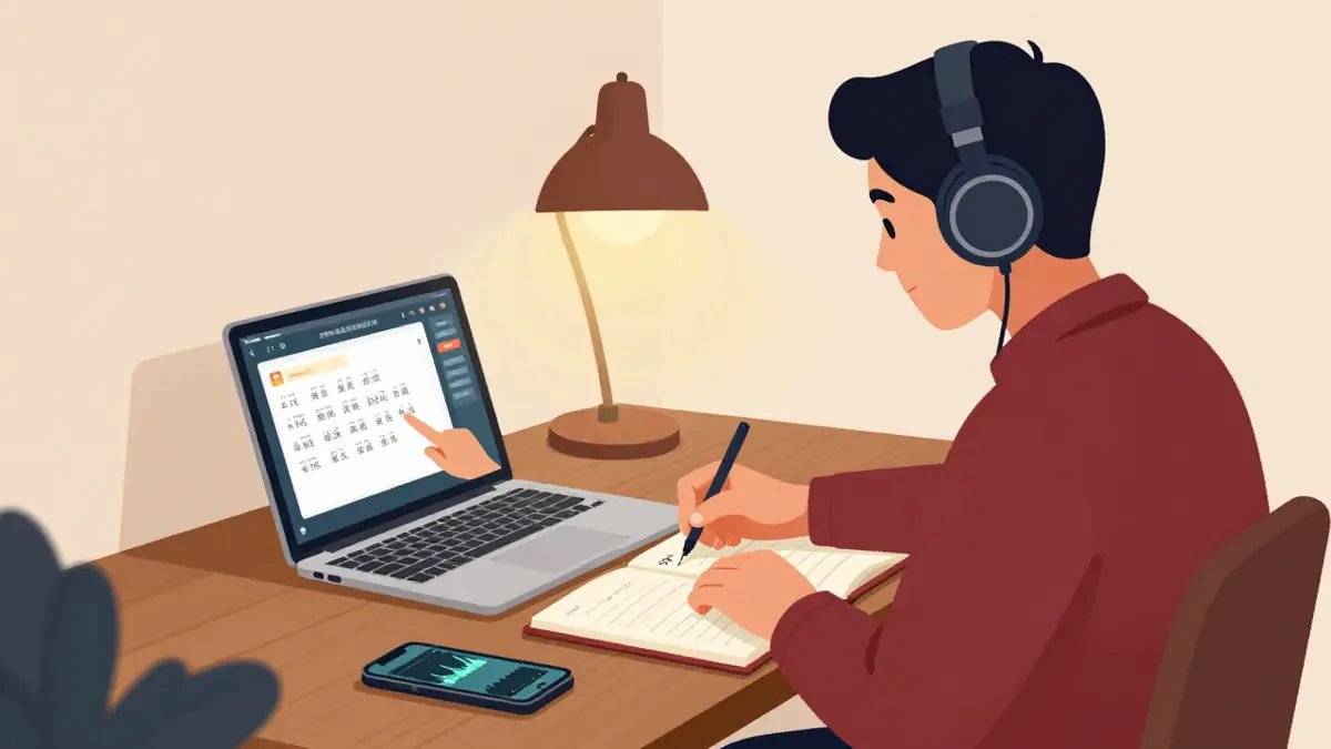 Ilustrasi belajar mandarin youtube: pelajar berheadphone menonton video Mandarin bersubtitle hanzi sambil mencatat kosakata baru