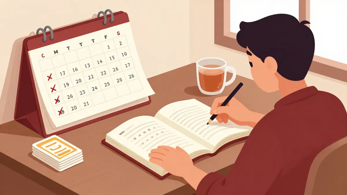 Ilustrasi kalender dan buku HSK yang menggambarkan berapa lama belajar mandarin dari HSK 1 sampai HSK 6
