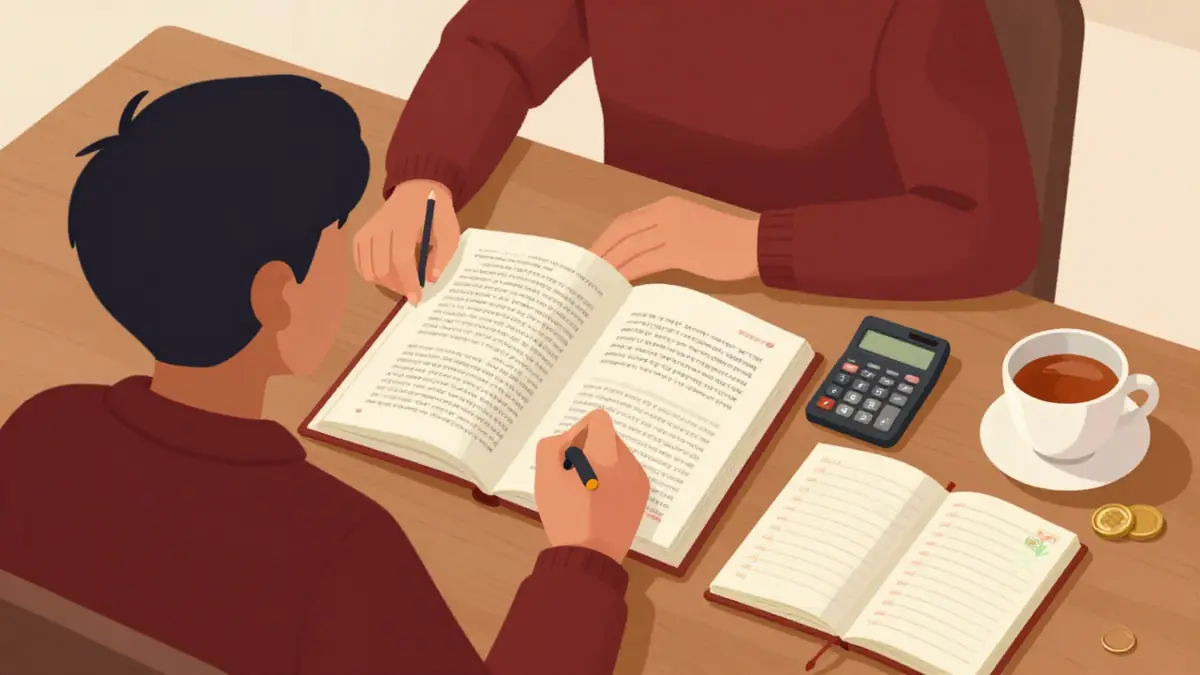 Ilustrasi meja belajar dengan buku Mandarin, kalkulator, dan catatan anggaran biaya les mandarin bulanan