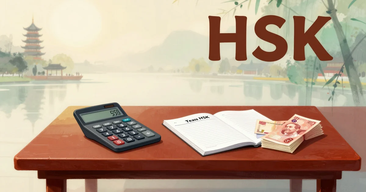 Meja dengan kalkulator, kartu ujian HSK, dan uang rupiah: menghitung biaya tes HSK 2026