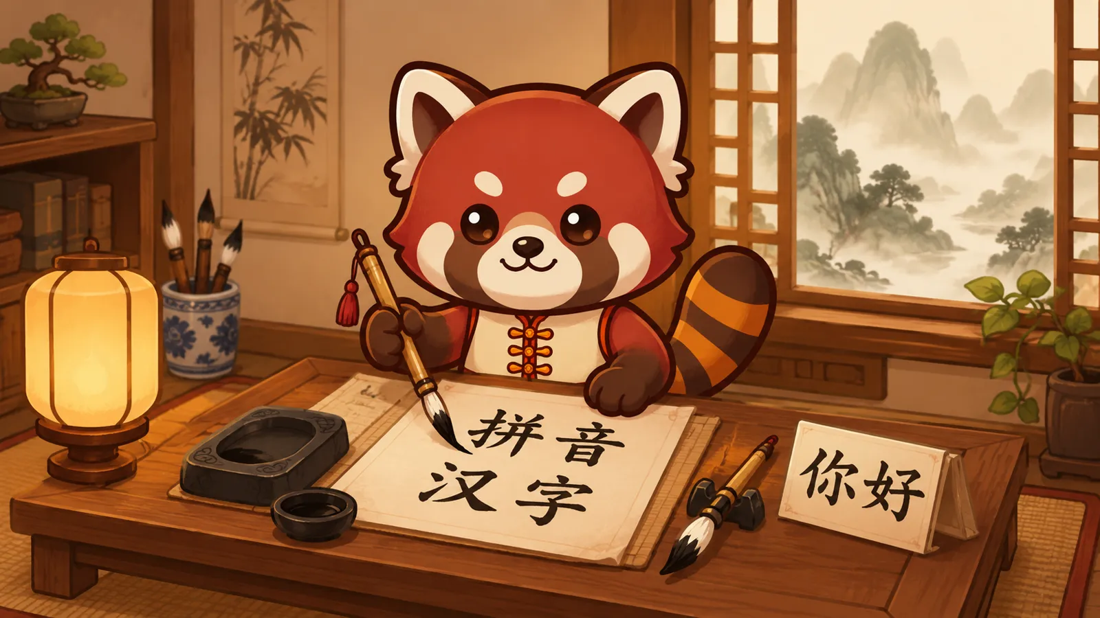 Ilustrasi cara belajar Mandarin dari nol: kalender 30 hari, kartu hanzi, buku pinyin, dan secangkir teh di meja belajar