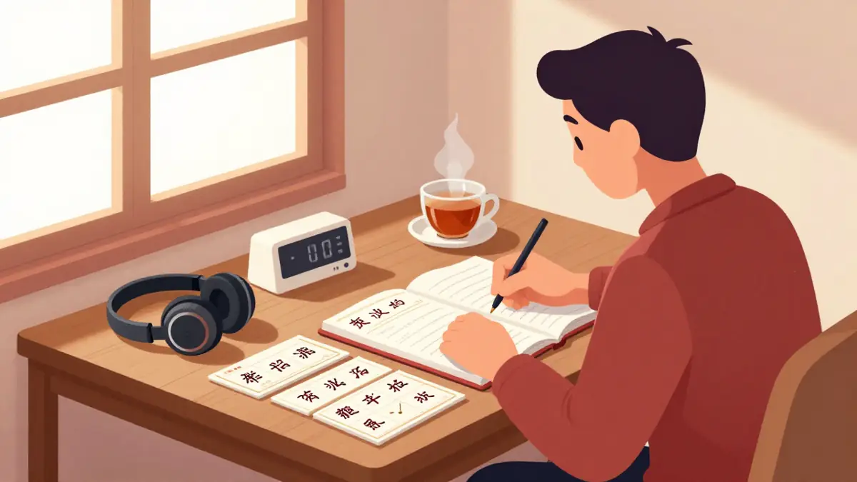 Ilustrasi cara cepat belajar mandarin: meja belajar dengan kartu hafalan hanzi, headphone, dan timer 45 menit