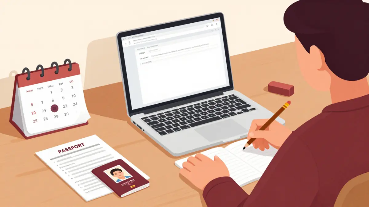 Meja persiapan cara daftar ujian HSK: laptop dengan formulir pendaftaran, kartu ujian tercetak, paspor, dan pas foto