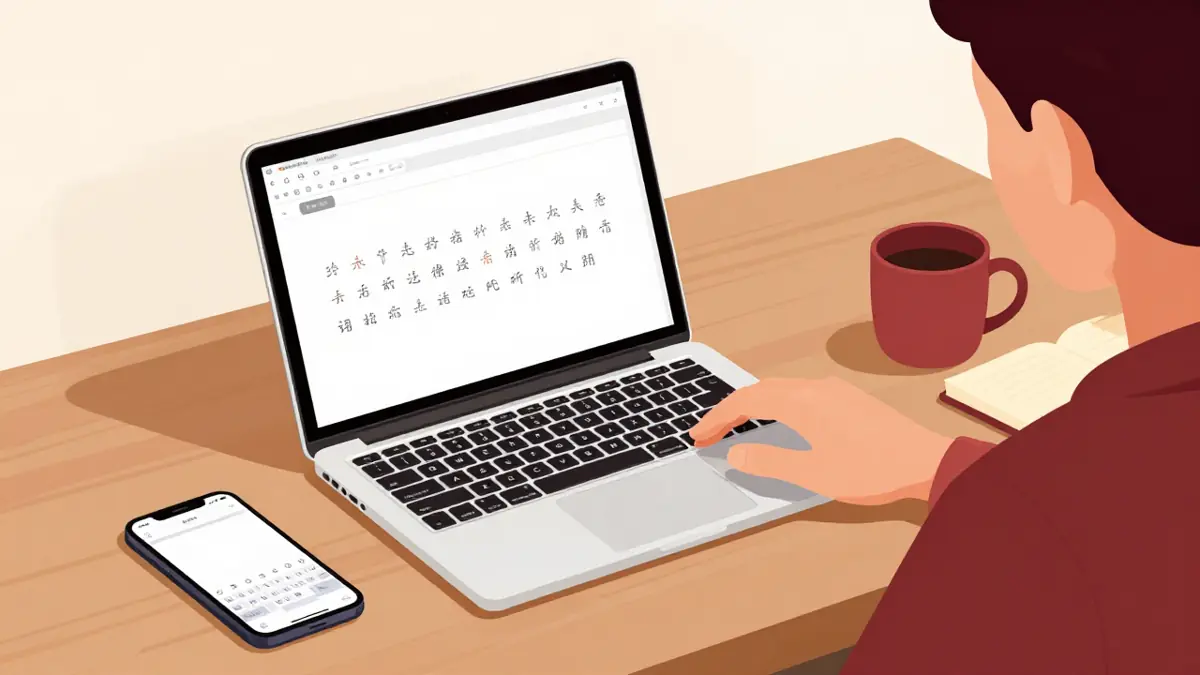 Ilustrasi cara mengetik mandarin: laptop dan ponsel menampilkan papan ketik pinyin dengan baris kandidat hanzi di layar