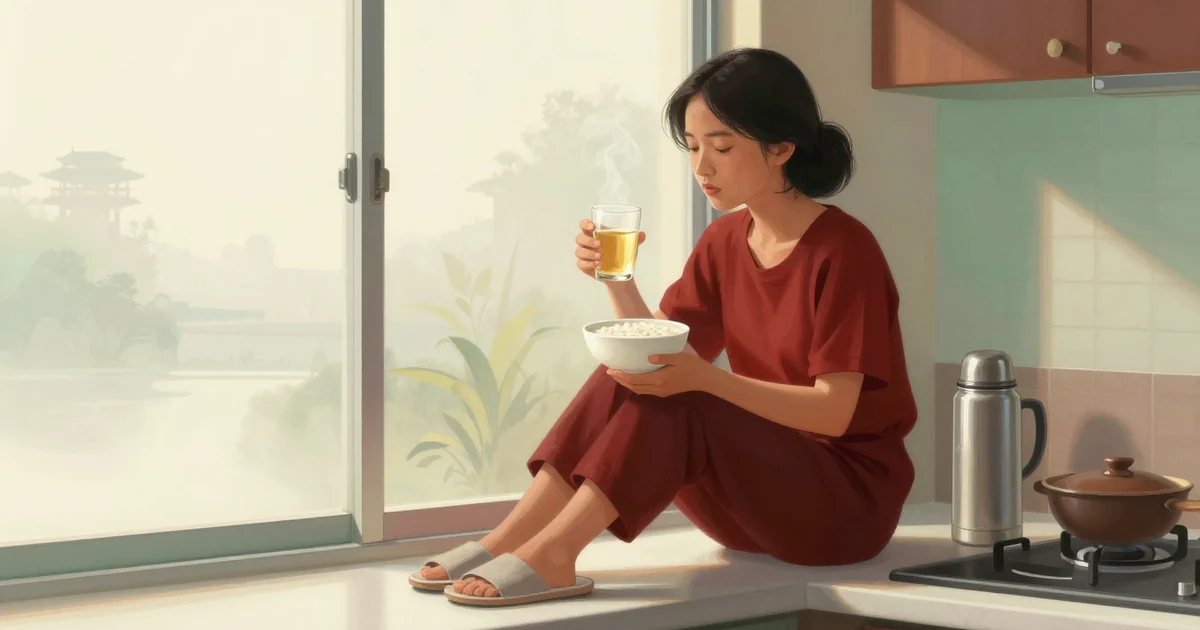 A young Indonesian woman in house slippers sits by a bright kitchen window in the morning, holding a steaming glass of warm water beside a bowl of plain rice porridge and a metal thermos.