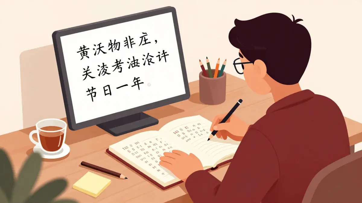 Papan tulis berisi contoh kalimat mandarin dengan hanzi dan pinyin, ditemani buku catatan pelajar dan secangkir teh