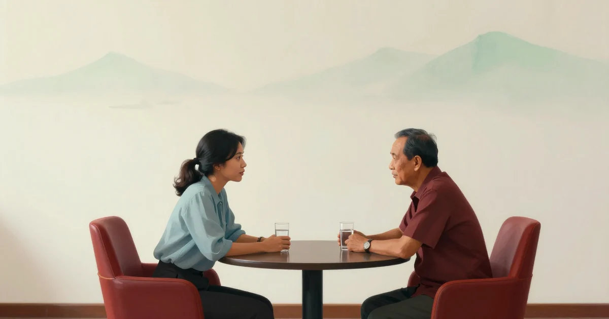 A young Indonesian woman in a light blue blouse sits across a small round table from an older man in a meeting room with plain white walls, both leaning in and listening, two glasses of water on the table, soft daylight from a window