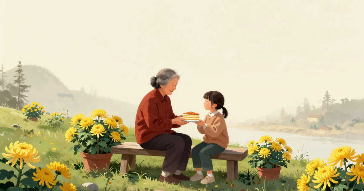 An elderly Chinese grandmother and her granddaughter sitting on a hillside bench among potted yellow chrysanthemums, sharing a plate of layered cakes, soft autumn sunlight, plain hazy sky.
