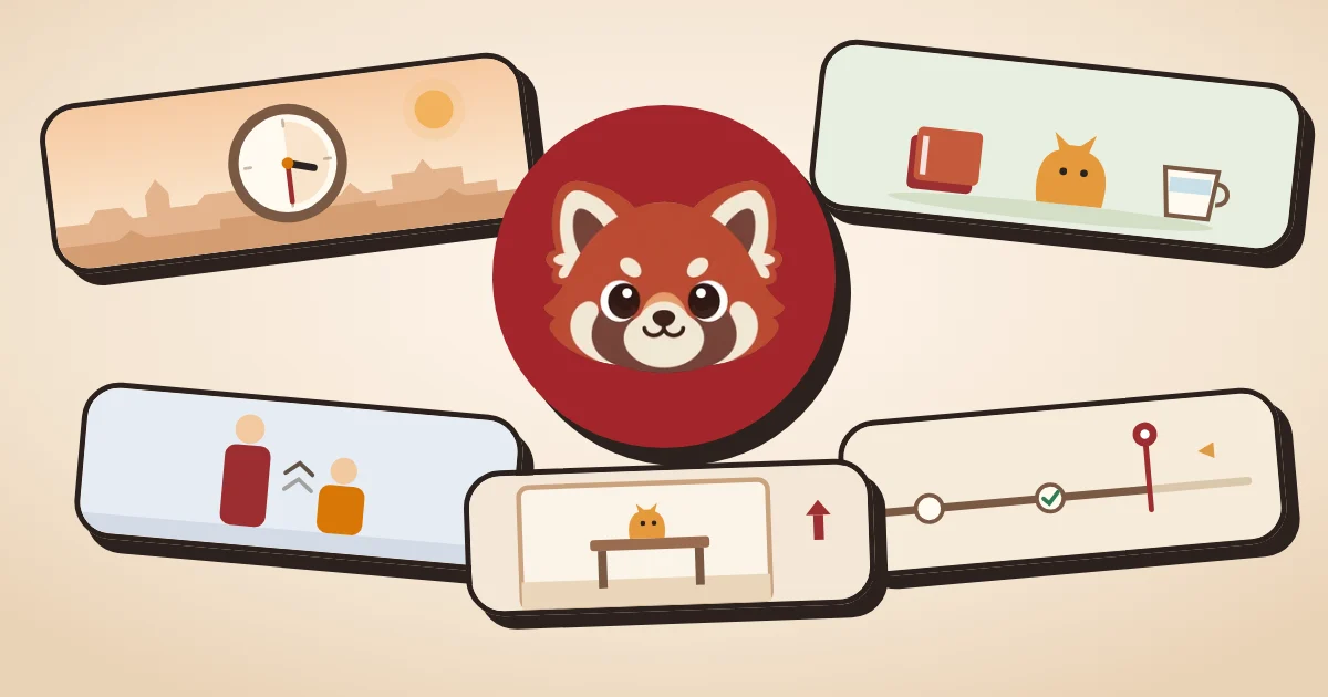 Ilustrasi game Pinter Mandarin: jam, buku, kucing dan cangkir, kakak dan adik, kucing di atas meja, dan garis waktu, dengan kepala Xiao Ming di tengah