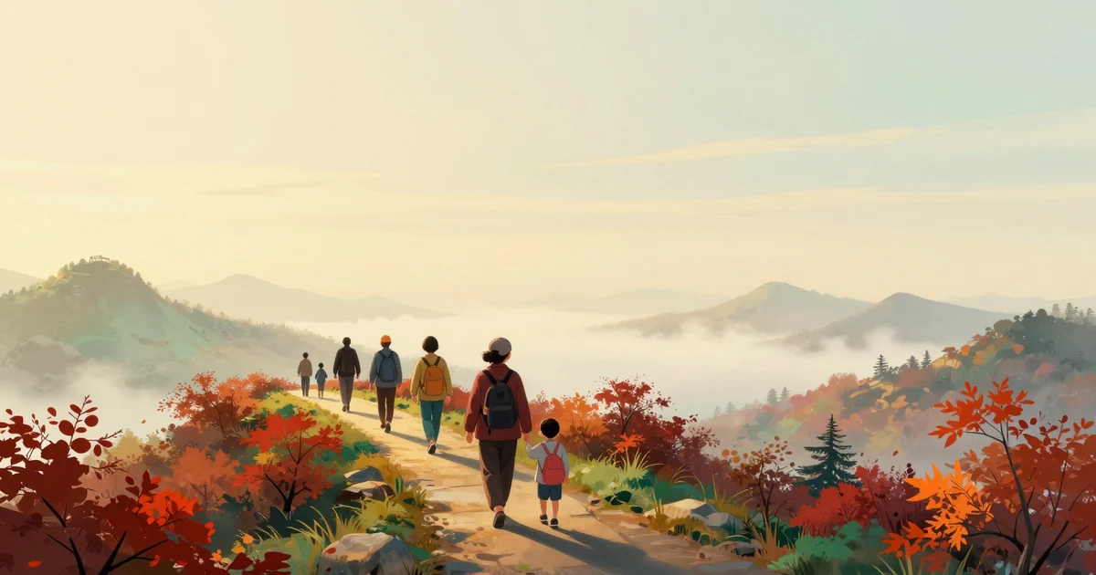 A crowded scenic mountain viewpoint in China during autumn holiday, families with backpacks and a grandmother holding a child's hand, warm golden afternoon light, soft misty plain sky.