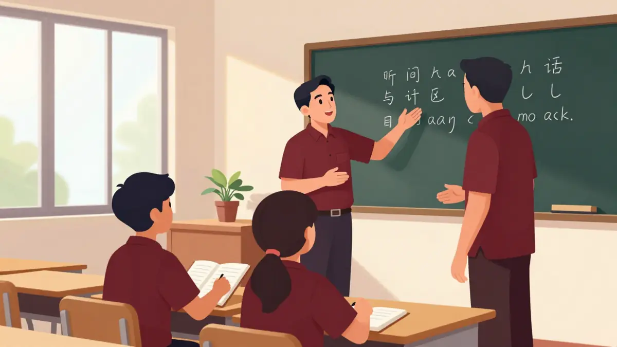 Ilustrasi dua pengajar berdampingan, guru mandarin native dan guru lokal Indonesia, di depan papan tulis berisi karakter 老师