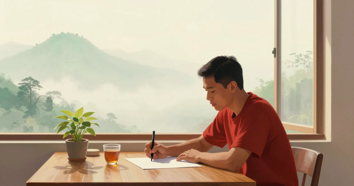 A young Indonesian man with short hair sits at a wooden desk by a window in soft afternoon light, holding a black brush pen above a plain sheet of paper, a small potted plant and a cup of tea beside him, plain cream wall behind