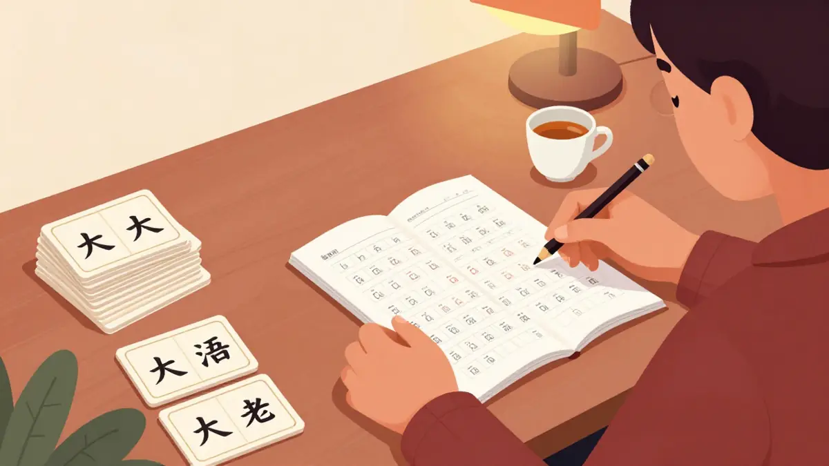 Ilustrasi meja belajar HSK 1 dengan kartu hanzi, lembar soal berpinyin, dan jam belajar pemula Mandarin