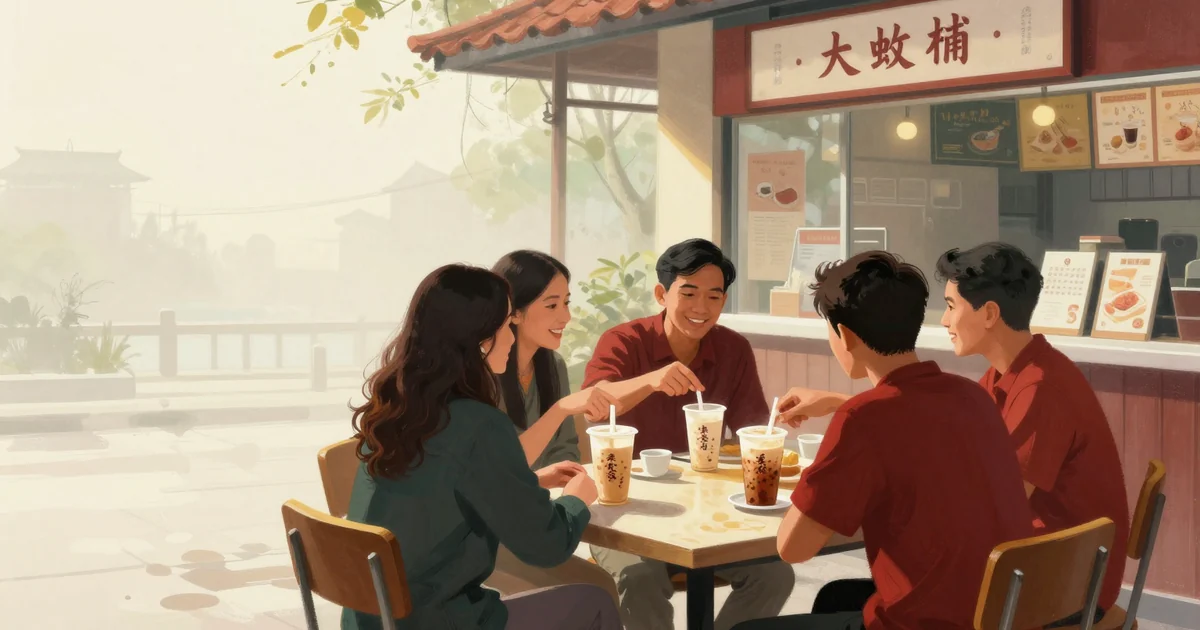Dua sahabat mengobrol santai di kedai teh susu Jakarta sambil menunjuk menu berbahasa Mandarin, suasana sore hangat