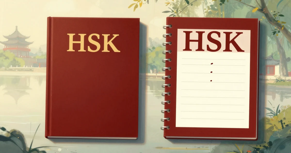 Dua buku silabus HSK berdampingan, versi 2.0 dan 3.0, dengan tanda panah perubahan