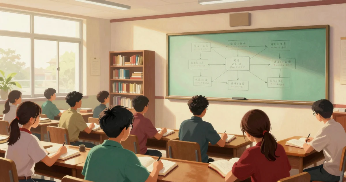 Diskusi kelompok kecil di perpustakaan kampus, papan tulis penuh coretan diagram, buku-buku Mandarin terbuka