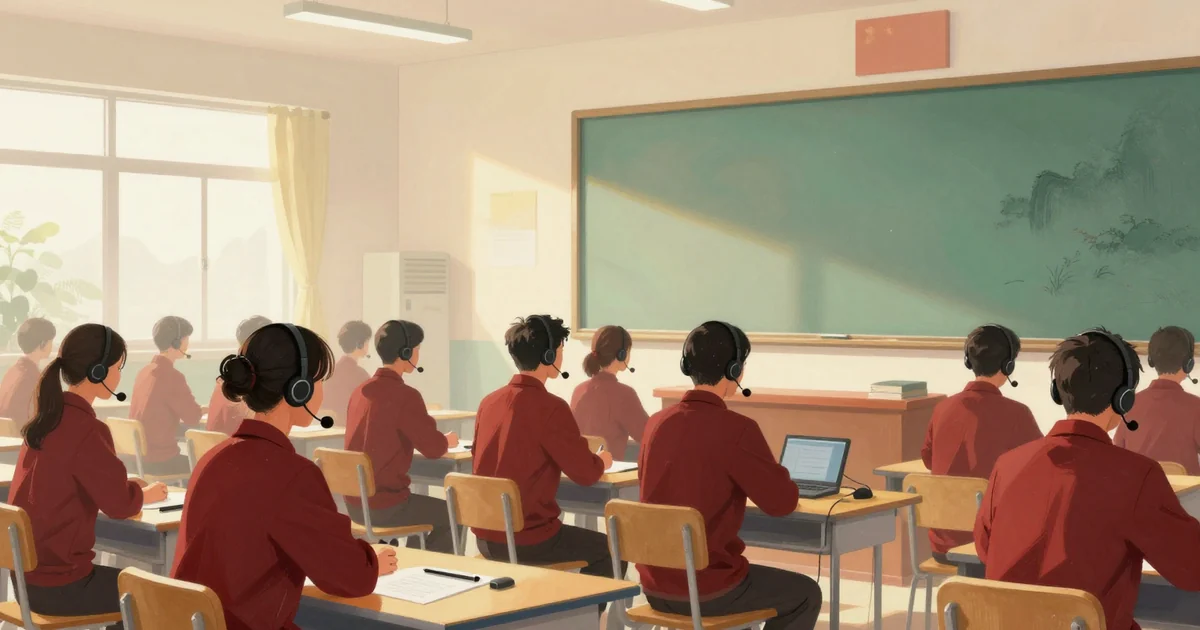 Peserta ujian mengenakan headset dan berbicara ke mikrofon di ruang ujian lisan HSKK