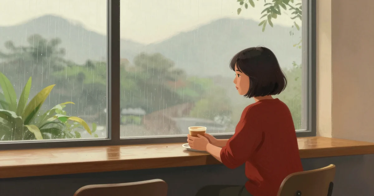 A young Indonesian woman with a short bob haircut sits by a large window in a quiet cafe on a rainy afternoon, holding a warm cup with both hands, soft grey light and blurred green plants outside