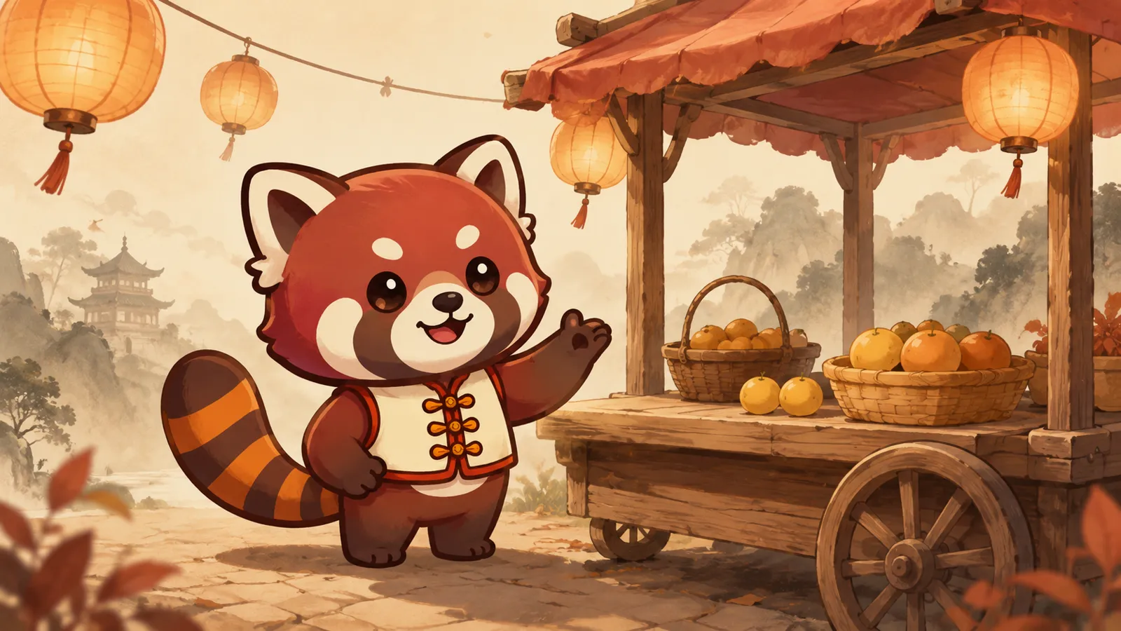 Ilustrasi belajar bahasa Mandarin sehari hari: kartu-kartu kalimat Mandarin dengan pinyin di meja belajar bersama secangkir teh