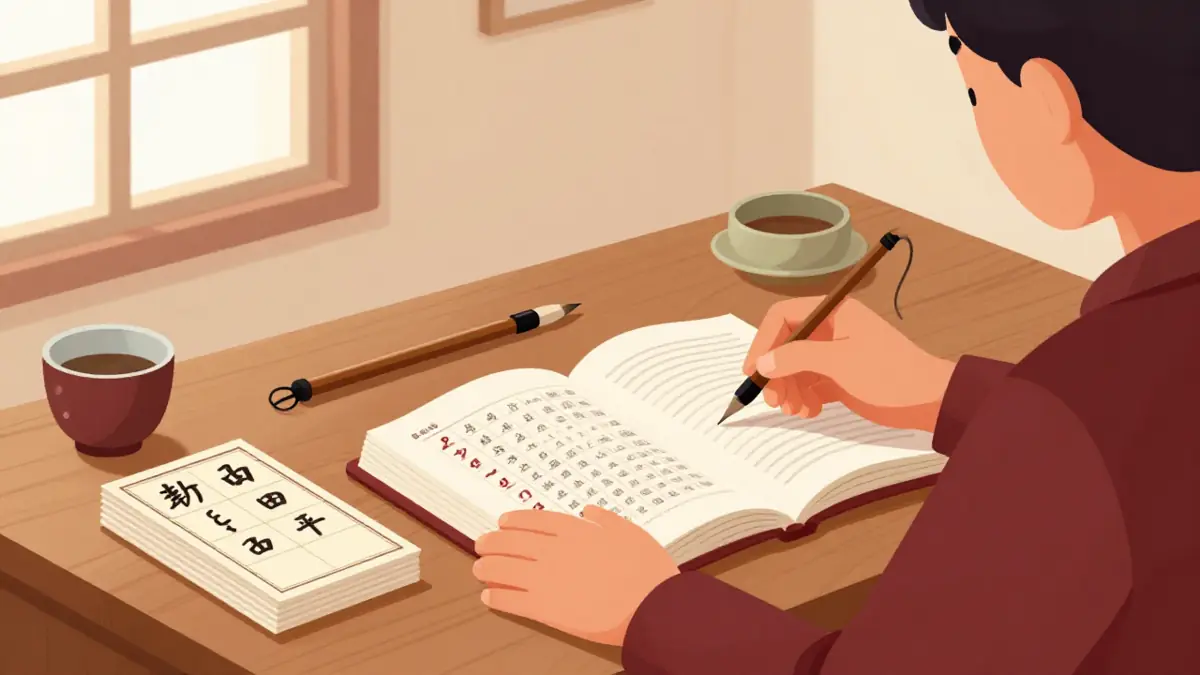 Ilustrasi kamus bahasa mandarin terbuka dengan halaman indeks radikal, kartu hanzi, dan kuas di meja kayu