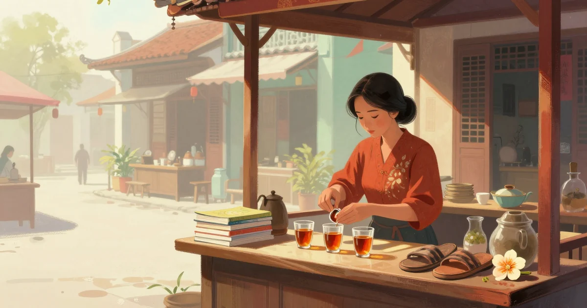 A warm, cinematic scene at a traditional Chinese-Indonesian shophouse market stall in the late afternoon: a young Indonesian woman counts items laid out on a wooden counter, a stack of books, three glasses of tea, a pair of sandals, a single flower and a fish wrapped in leaves, while an elderly shopkeeper smiles; soft golden light, shallow depth of field, no text, no letters, no characters anywhere in the image