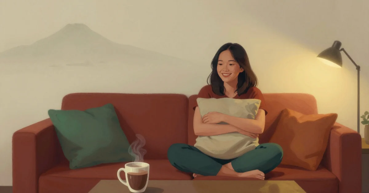 A young Indonesian woman with shoulder-length hair sits cross-legged on a sofa in a cozy living room at night, hugging a cushion and smiling, warm lamp light, a mug of hot chocolate on the side table, plain wall behind