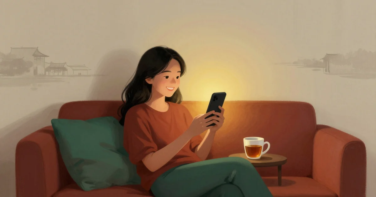 A young Indonesian woman on a sofa at night smiling at a phone held upright with its screen facing away from the viewer, warm lamp light, a cup of tea beside her, plain wall behind.