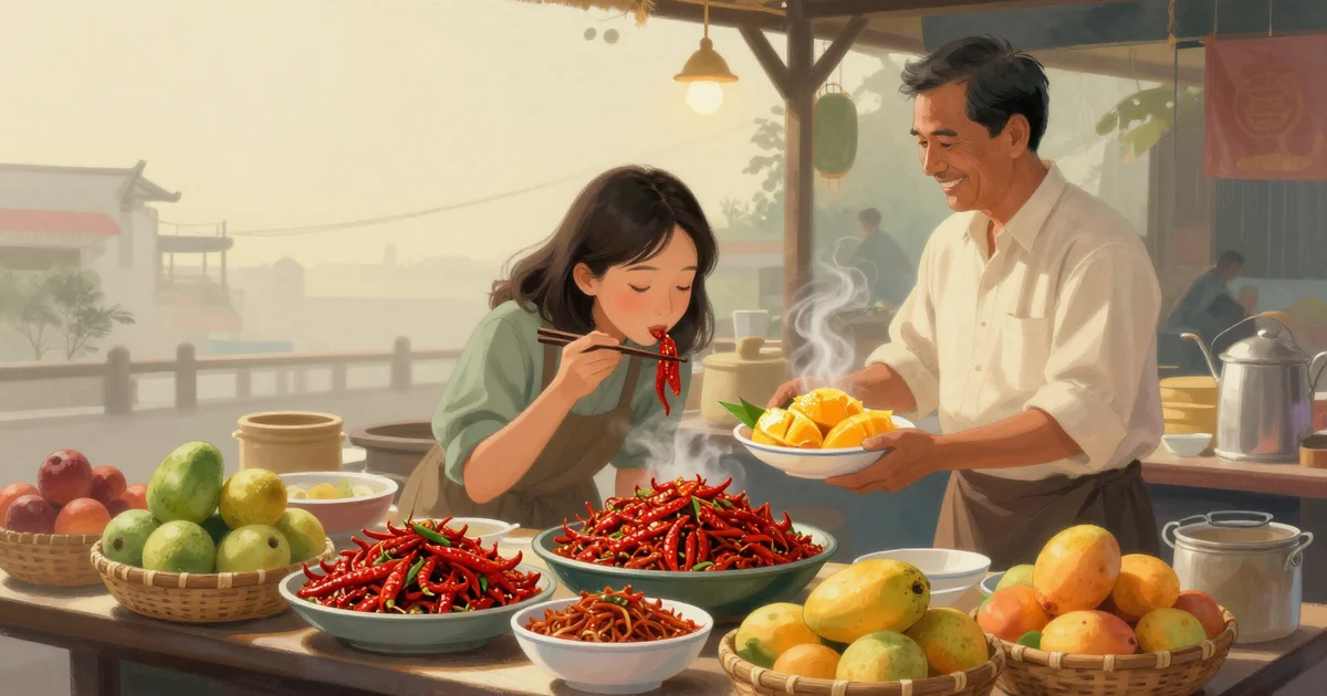 A cozy warm-lit Chinese-Indonesian market stall in Jakarta at dusk, a young woman tasting a chili-red dish while a smiling older vendor offers sweet mangoes and steaming bowls, baskets of colorful fruit, soft cinematic lighting, no text or lettering anywhere