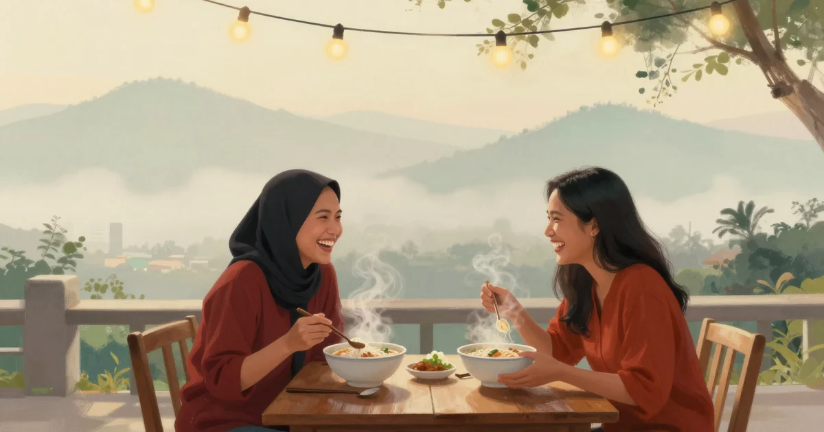 Two young friends, an Indonesian woman and a Thai woman, laugh together while sharing bowls of flat rice noodle soup at a simple wooden table outdoors under string lights at dusk, steam rising from the bowls, blurred green trees behind