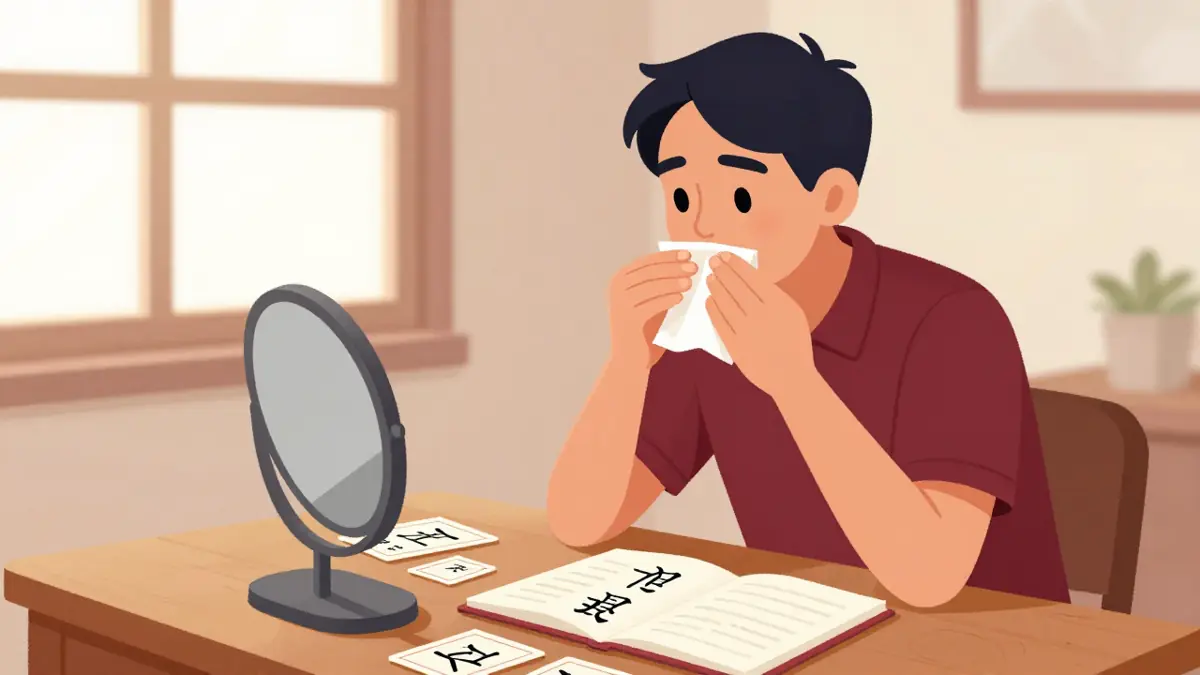 Ilustrasi kesalahan belajar mandarin: pelajar Indonesia mengoreksi pelafalan di depan cermin dengan kartu hanzi