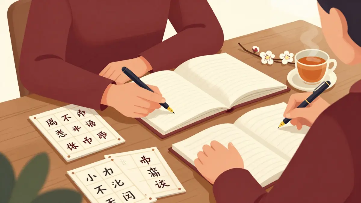 Meja belajar dengan kartu kosakata bahasa Mandarin berisi hanzi dan pinyin, buku catatan, serta secangkir teh hangat