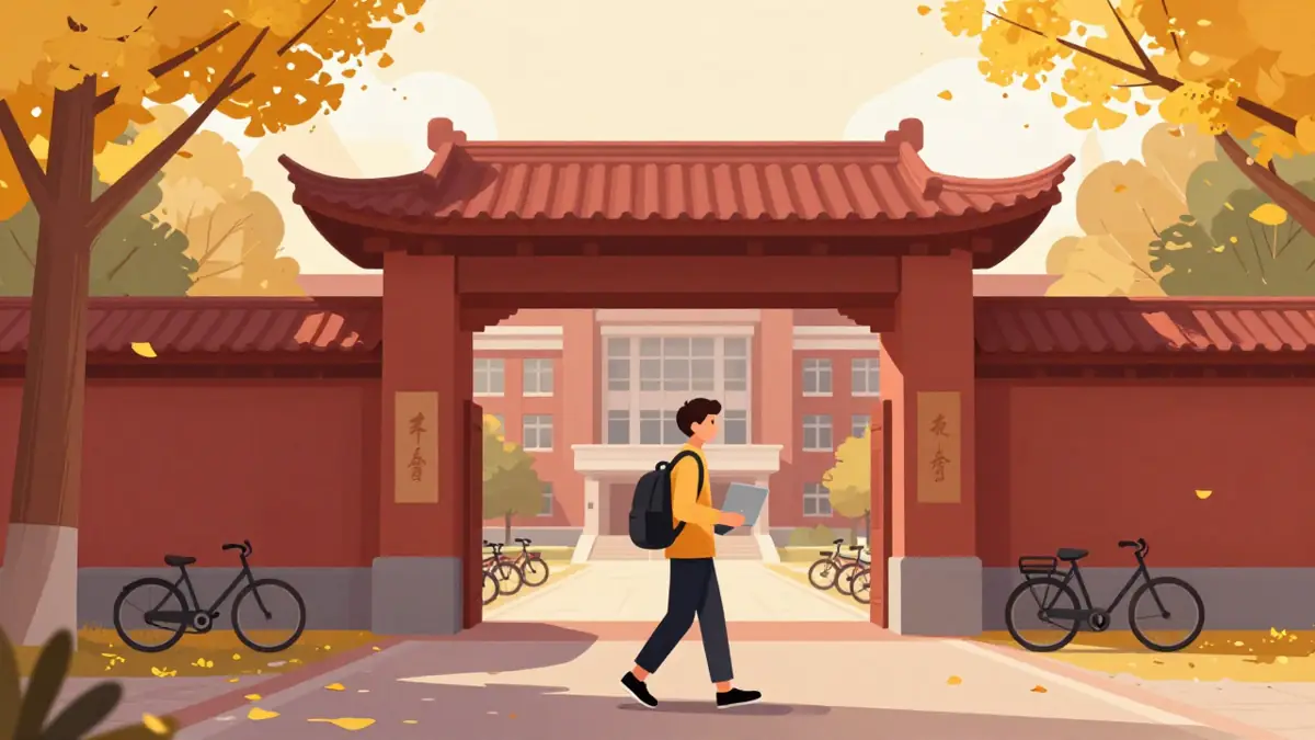 Ilustrasi mahasiswa Indonesia yang kuliah di China berjalan di gerbang kampus dengan gedung perpustakaan dan sepeda