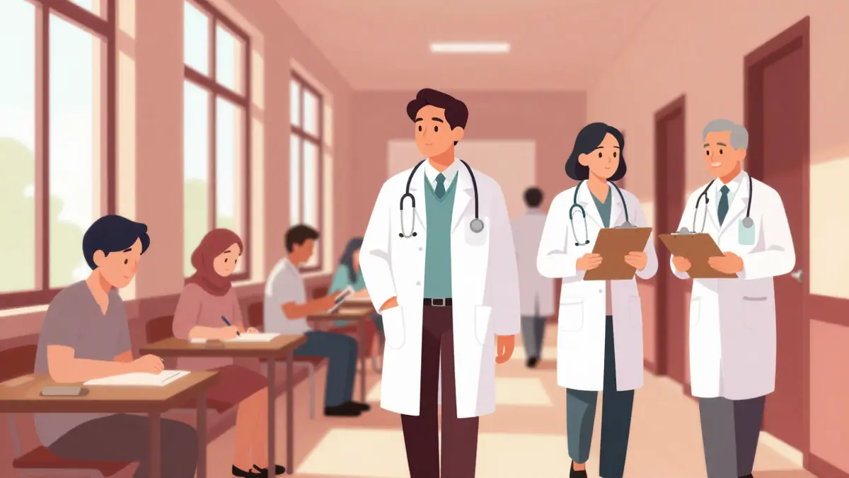 Mahasiswa kuliah kedokteran di China berjas putih mengikuti visite pagi bersama dokter senior di bangsal rumah sakit