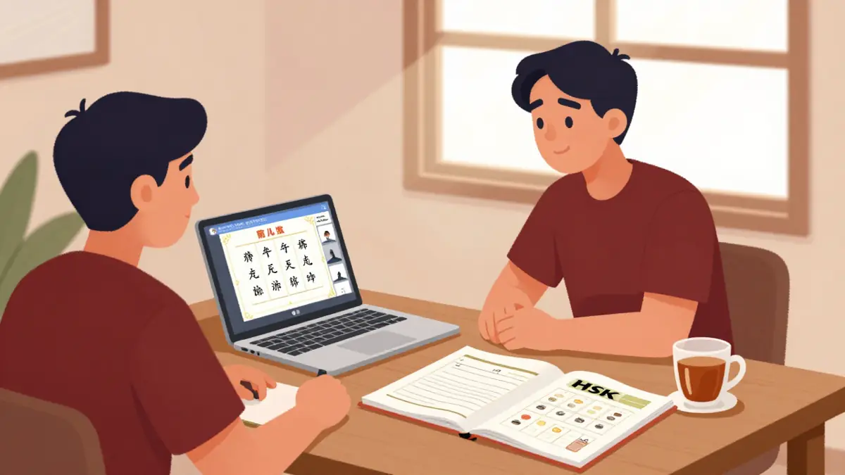 Peserta kursus mandarin online bersertifikat di depan laptop dengan lembar sertifikat dan buku latihan ujian HSK di meja