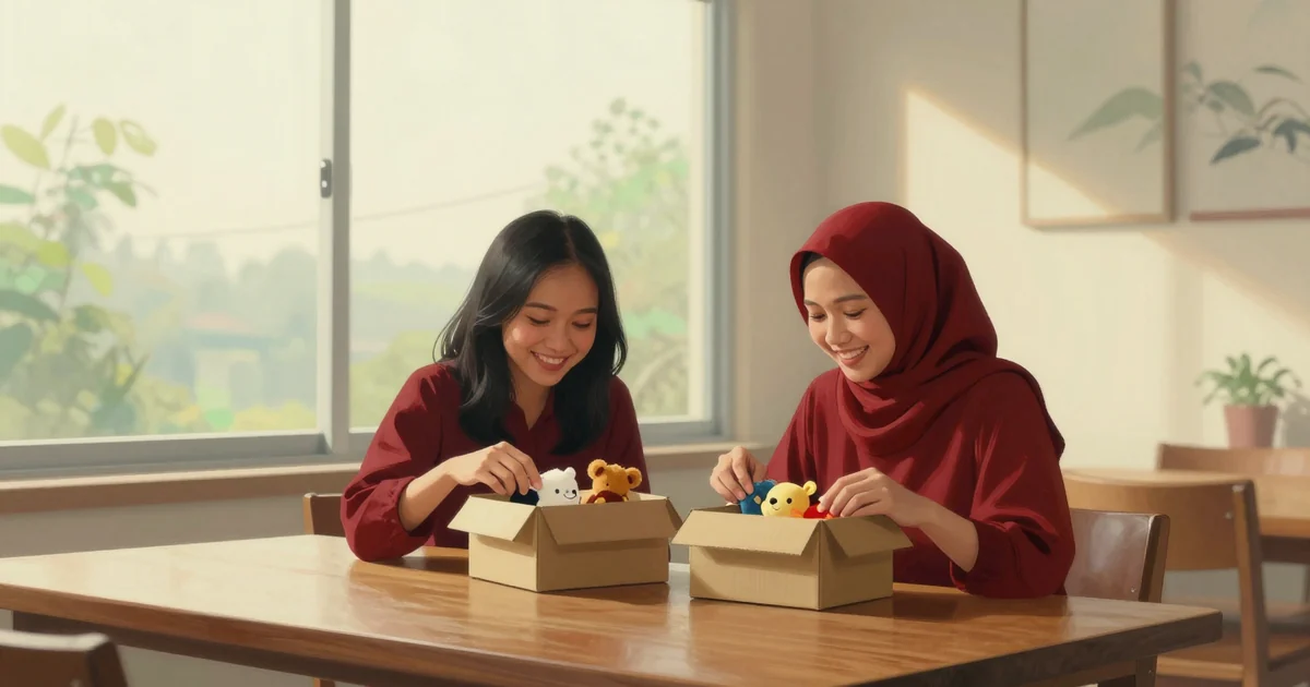A young Indonesian woman and her friend sit at a wooden table by a sunny window, happily opening small plain cardboard boxes with tiny unbranded plush toys spilling out, warm cinematic light.