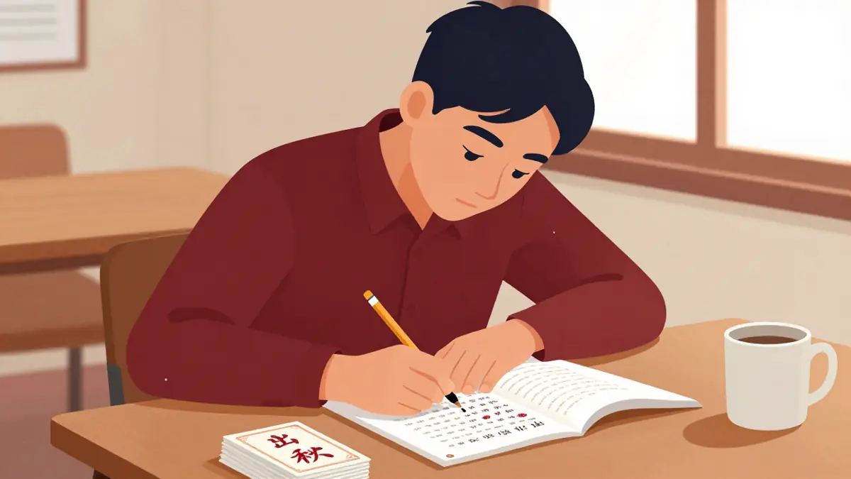 Ilustrasi pelajar mengerjakan latihan soal bahasa mandarin di meja belajar dengan lembar soal, kartu hanzi, dan pensil