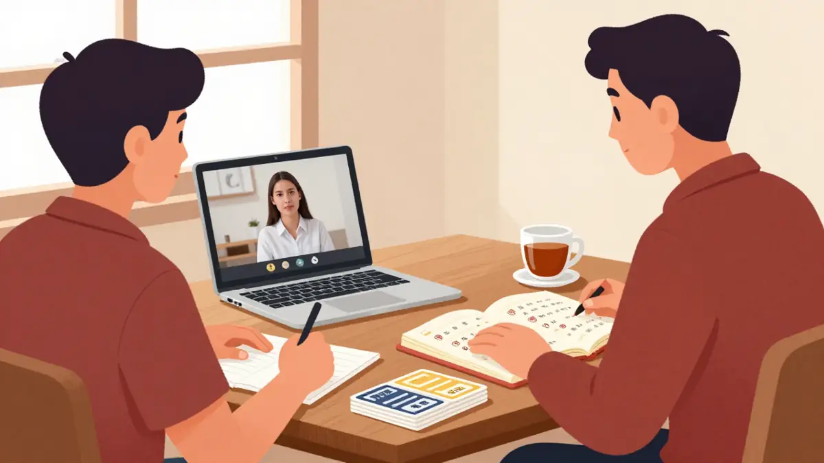 Ilustrasi murid dan guru dalam sesi les bahasa Mandarin dengan buku HSK, kartu hanzi, dan laptop kelas online di meja