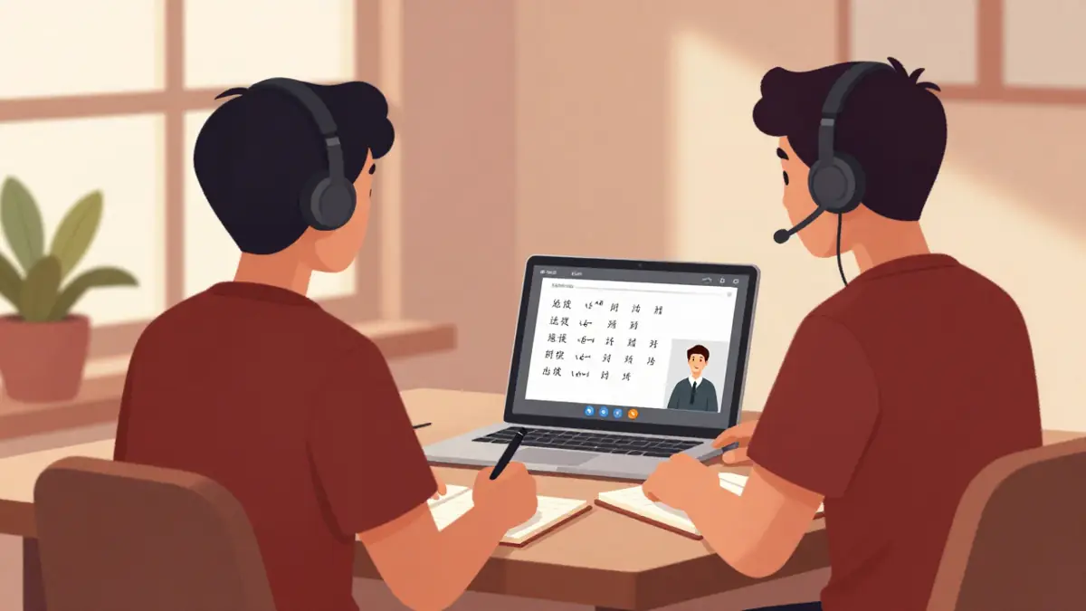Ilustrasi murid mengikuti les mandarin online lewat laptop, memakai headset, dengan guru dan hanzi di layar